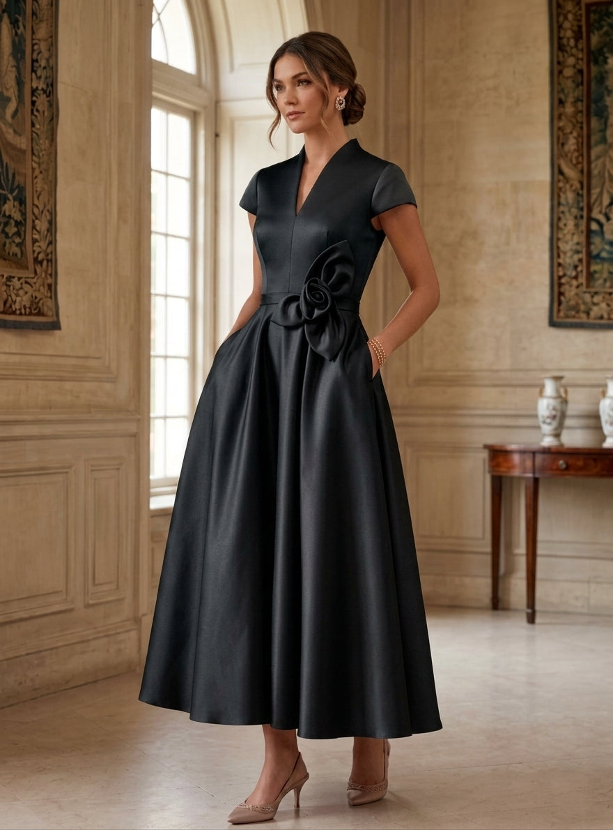 A-Line/Princess V-Neck Satin Cocktail Dresses with 3D Flower Cap Sleeves Tea-Length Formal Dresses