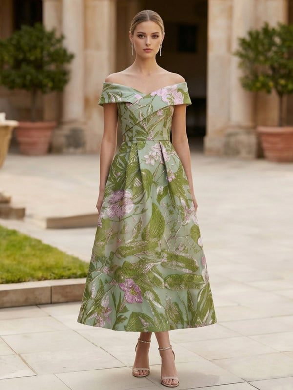 A-Line/Princess Off-the-Shoulder Printed Cocktail Dresses Sleeveless Floral Tea-Length Formal Dresses