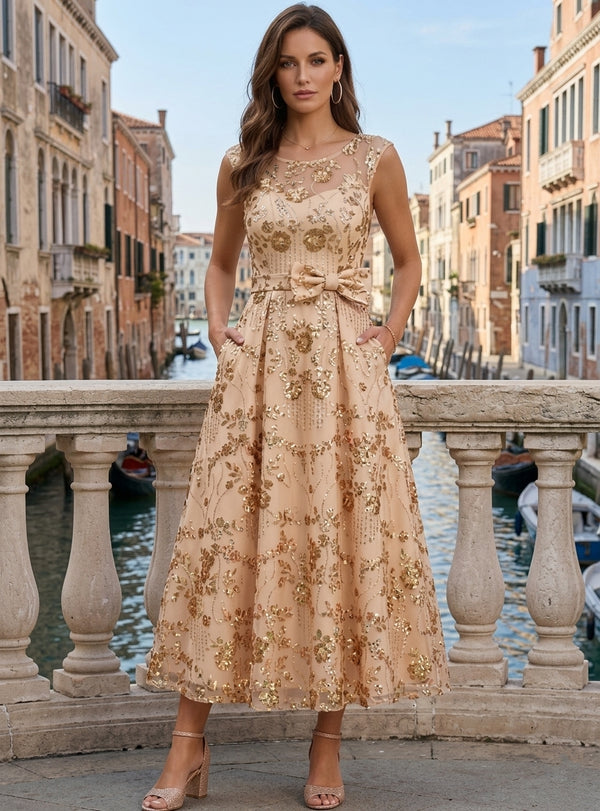 A-Line/Princess Scoop Sequins Lace Cocktail Dresses Sleeveless Floral Tea-Length Bowknot Formal Dresses