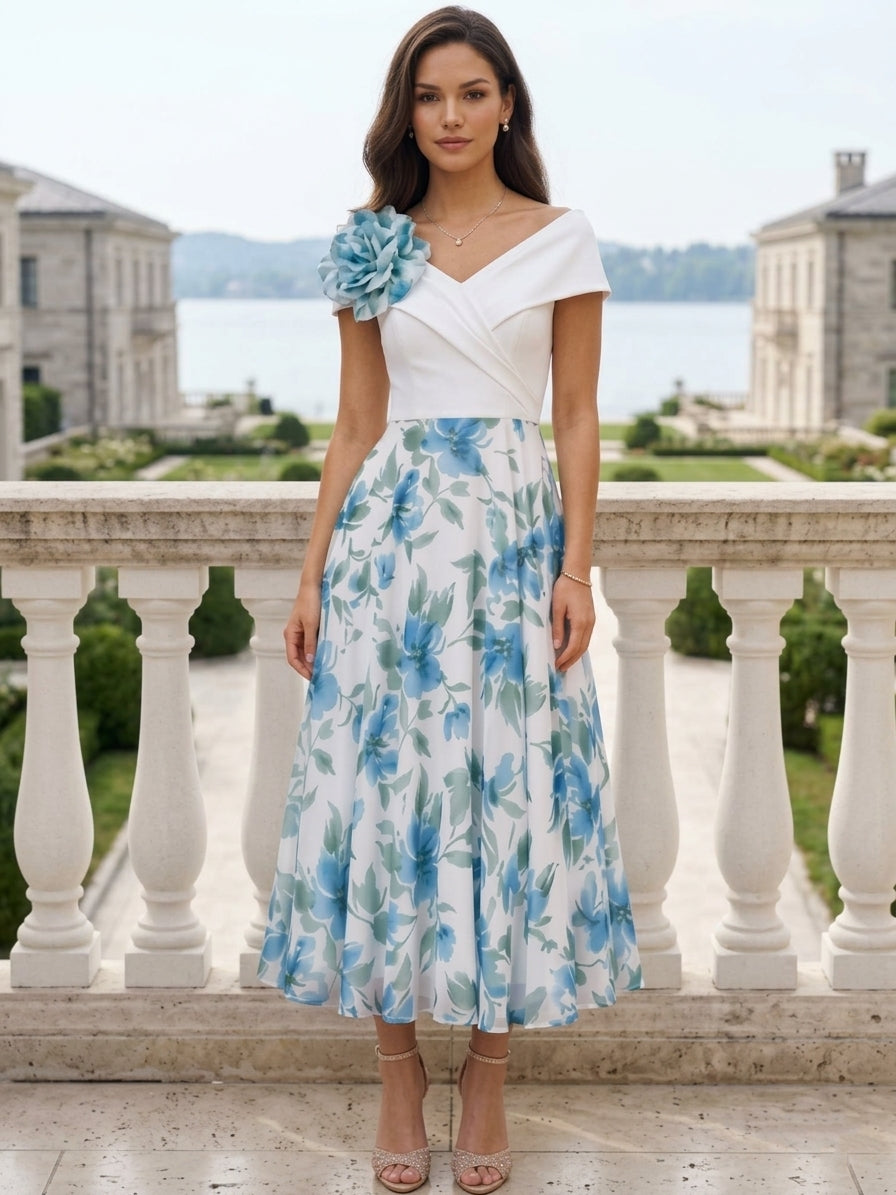 A-Line/Princess Off-the-Shoulder Chiffon Cocktail Dresses Sleeveless Floral Tea-Length 3D Flower Formal Dresses