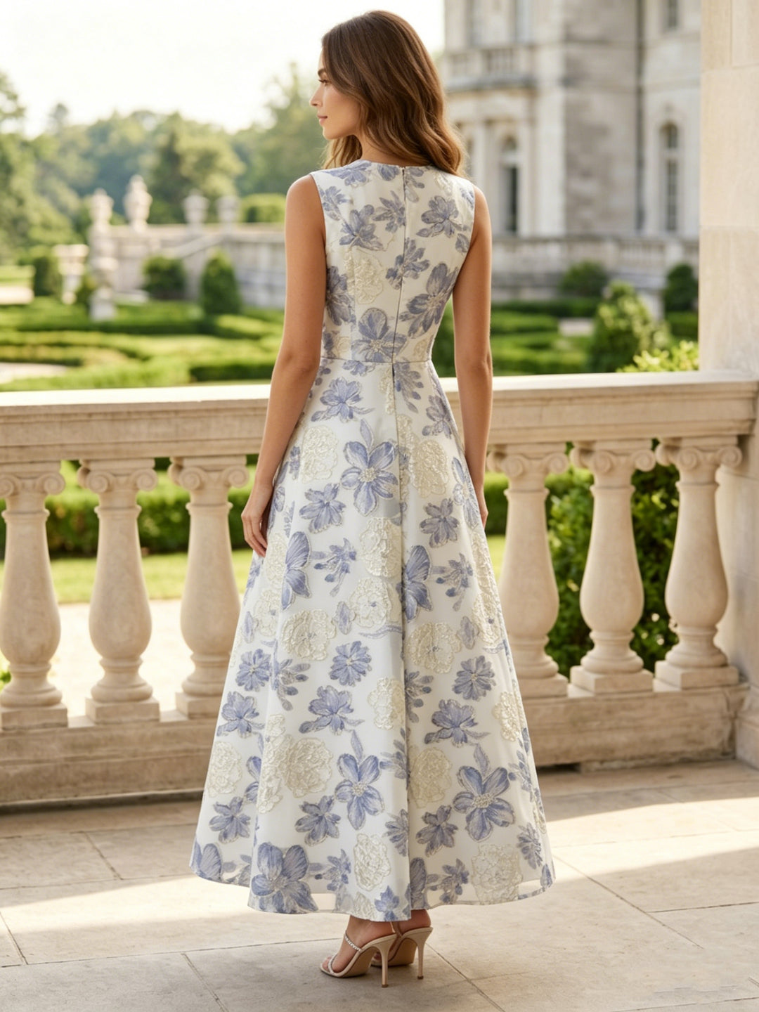 A-Line/Princess Scoop Jacquard Cocktail Dresses Sleeveless Floral Ankle-Length Flower Formal Dresses