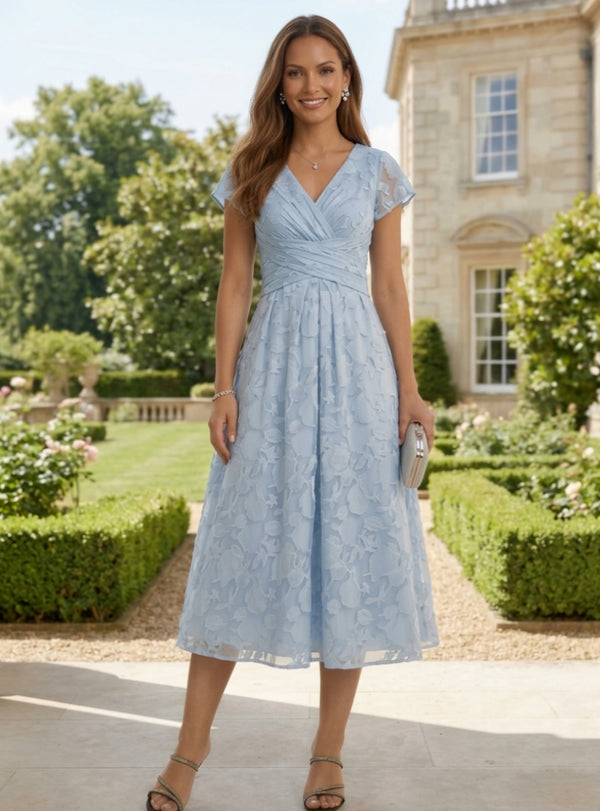 A-Line/Princess V-Neck Lace Floral Cocktail Dresses Tea-Length Short Sleeves Ruched Formal Dresses