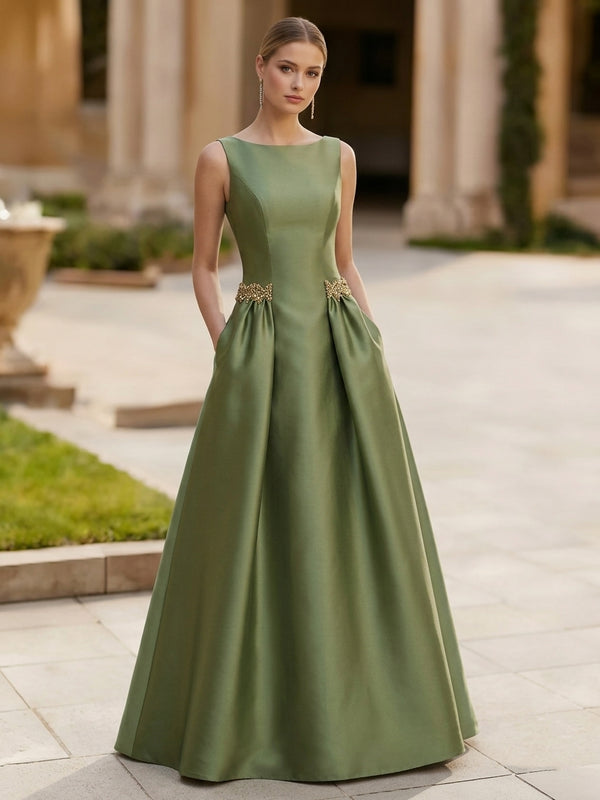 A-Line/Princess Scoop Satin Evening Dresses Sleeveless Floor-Length Rhinestone Party Dresses