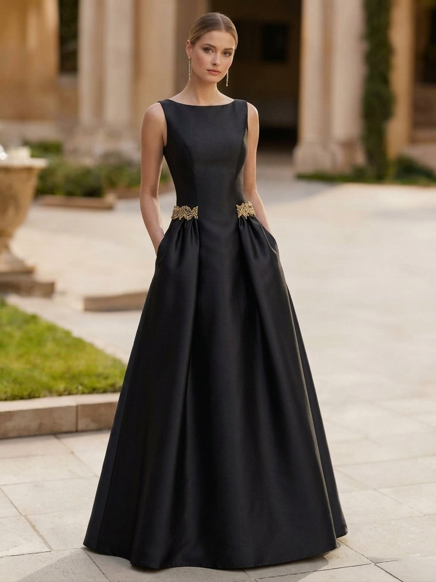 A-Line/Princess Scoop Satin Evening Dresses Sleeveless Floor-Length Rhinestone Party Dresses