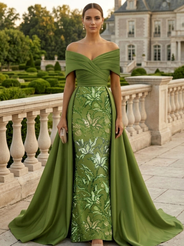 Sheath/Column Off-the-Shoulder Satin Evening Dresses with Overskirt Sleeveless Sequins Floral Floor-Length Party Dresses