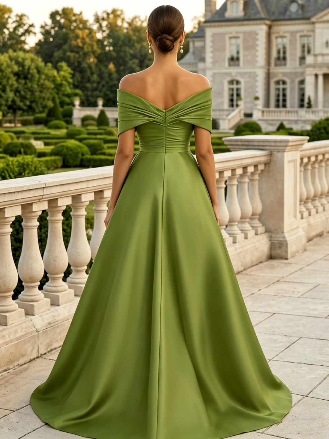 Sheath/Column Off-the-Shoulder Satin Evening Dresses with Overskirt Sleeveless Sequins Floral Floor-Length Party Dresses, Green