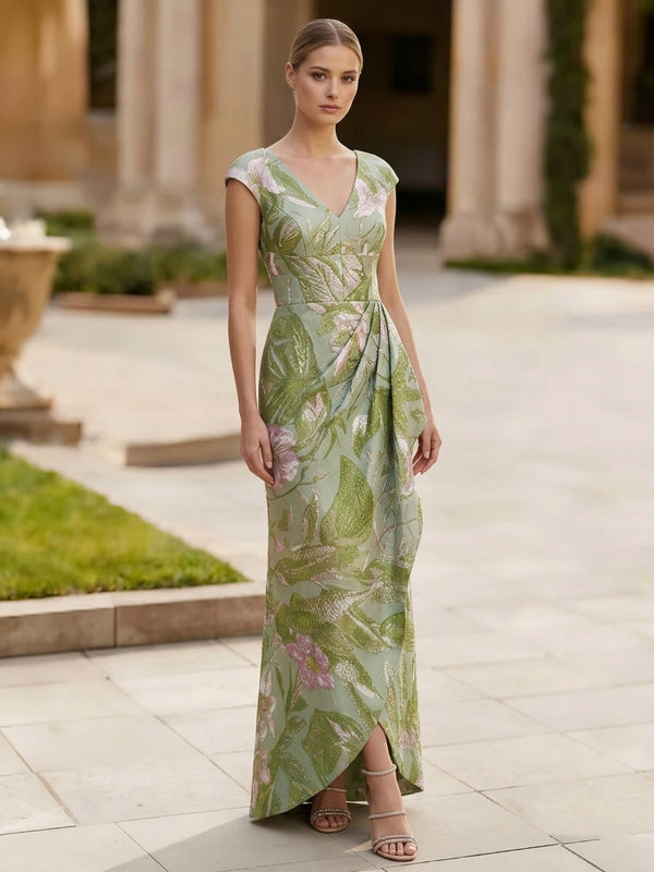 Sheath/Column V-neck Printed Evening Dresses Sleeveless Floral Asymmetrical Floor-Length Ruffles Party Dresses
