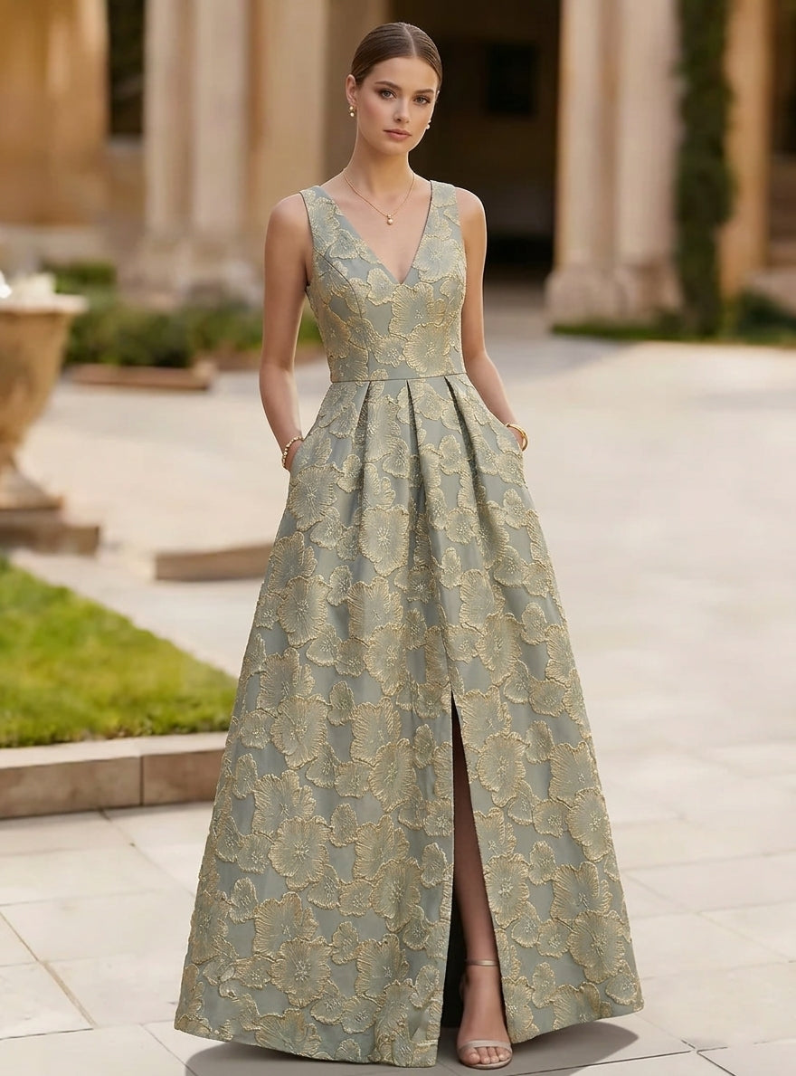 A-Line/Princess V-Neck Jacquard Evening Dresses with Split Side Floor-Length Sleeveless Floral Party Dresses, As Pic