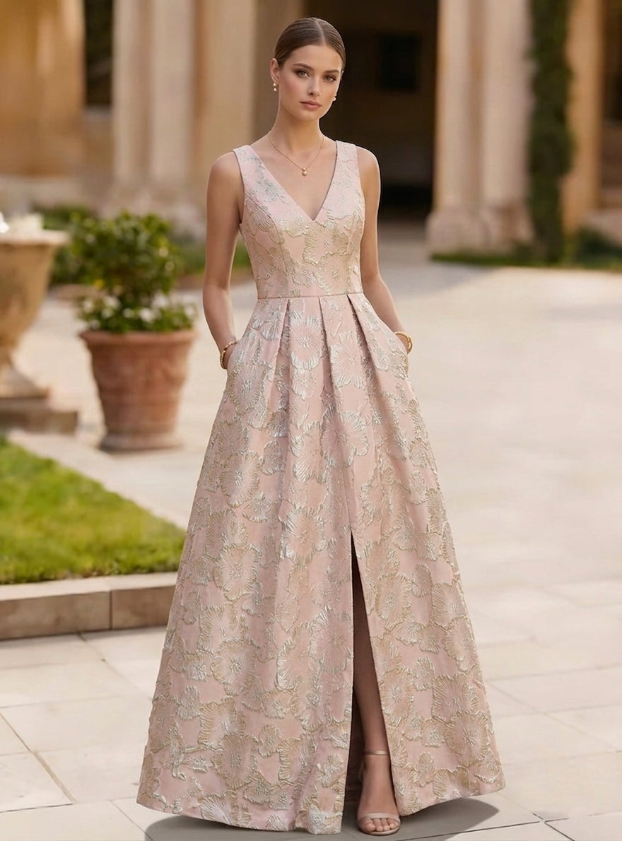 A-Line/Princess V-Neck Jacquard Evening Dresses with Split Side Floor-Length Sleeveless Floral Party Dresses Pink A-Line/Princess V-Neck Jacquard Evening Dresses with Split Side Floor-Length Sleeveless Floral Party Dresses Pink