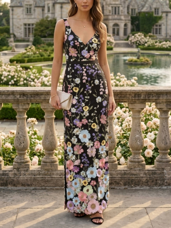 Sheath/Column V-Neck Lace Embroidery Evening Dresses with Split Side Ankle-Length Sleeveless Floral Party Dresses