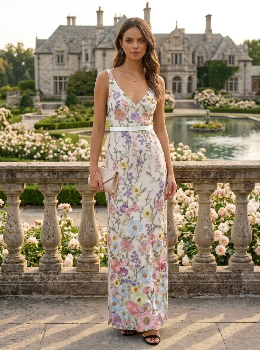 Sheath/Column V-Neck Lace Embroidery Evening Dresses with Split Side Ankle-Length Sleeveless Floral Party Dresses