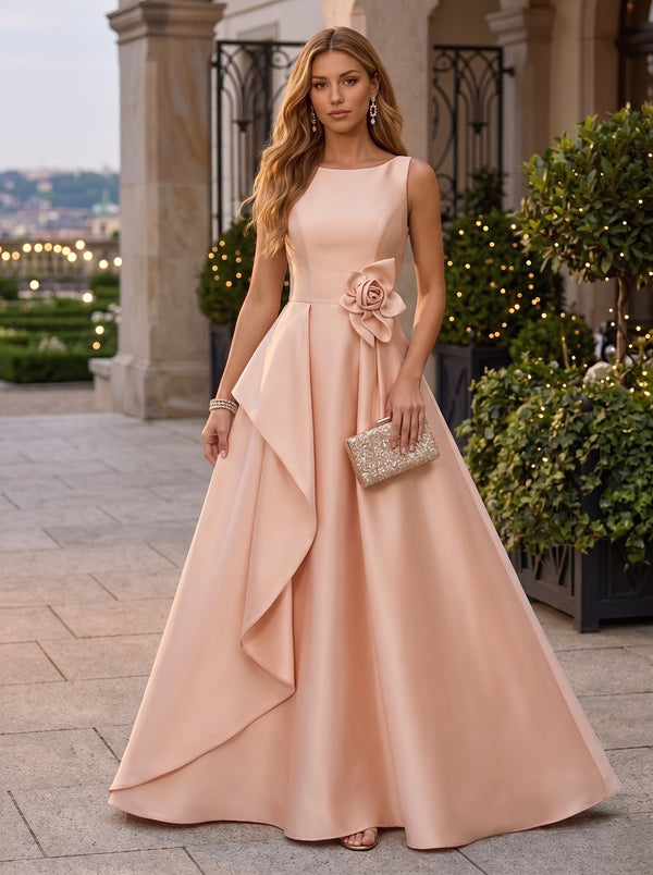 A-Line/Princess Scoop Satin Evening Dresses with 3D Flower Sleeveless Floor-Length Ruffles Party Dresses