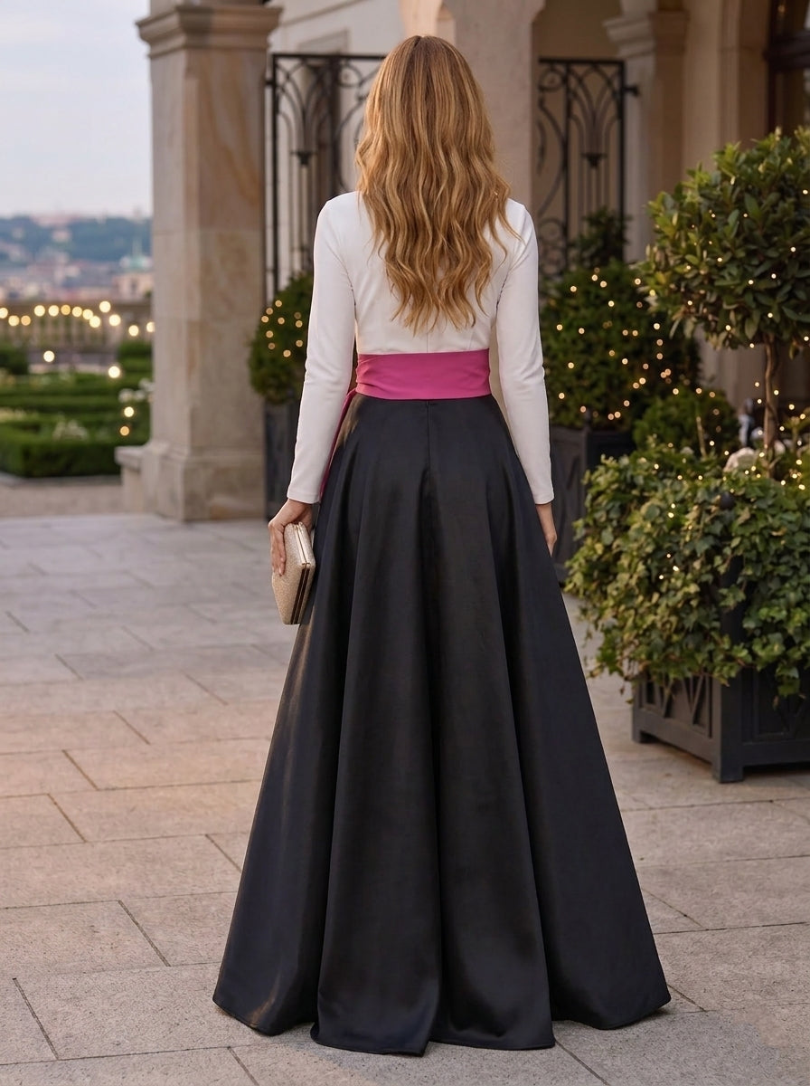 A-Line/Princess V-Neck Satin Evening Dresses with Split Side Floor-Length Long Sleeves Bowknot Party Dresses