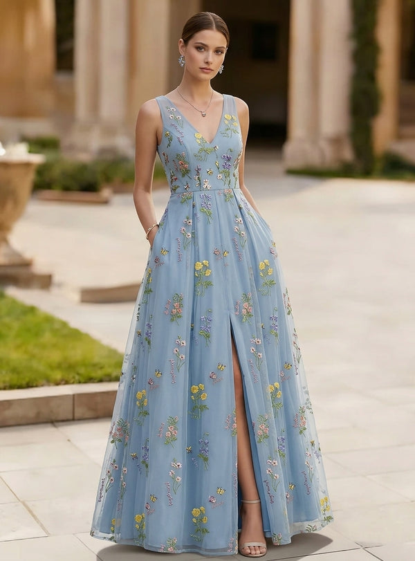 A-Line/Princess V-Neck Chiffon Evening Dresses with Split Side Sleeveless Floral Floor-Length Party Dresses