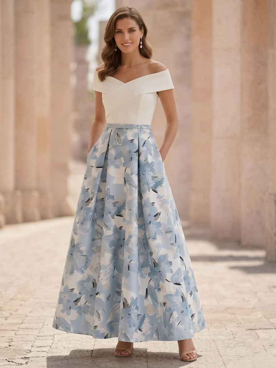 A-Line/Princess Off-the-Shoulder Printed Cocktail Dresses Sleeveless Floral Ankle-Length Formal Dresses