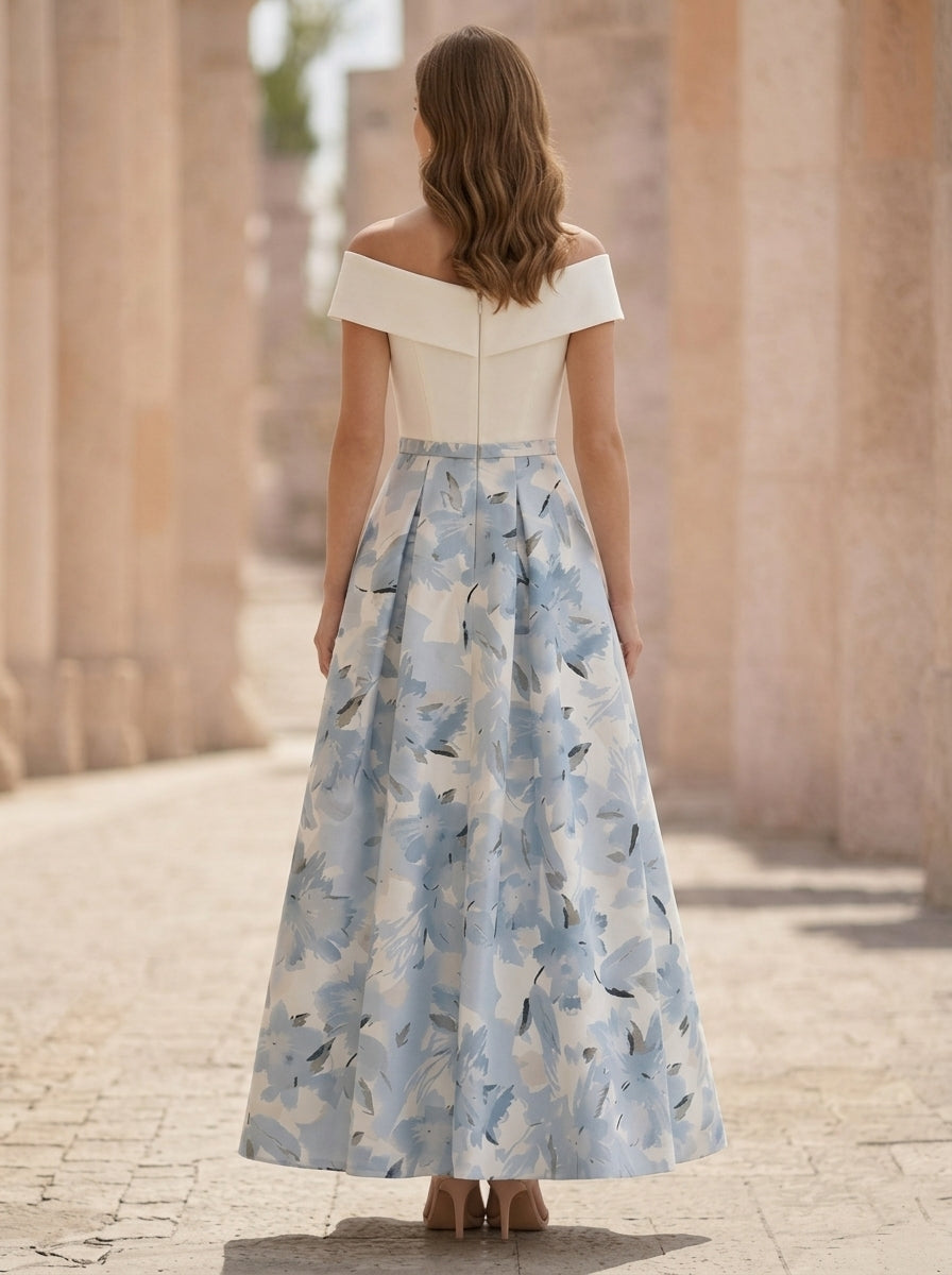 A-Line/Princess Off-the-Shoulder Printed Cocktail Dresses Sleeveless Floral Ankle-Length Formal Dresses