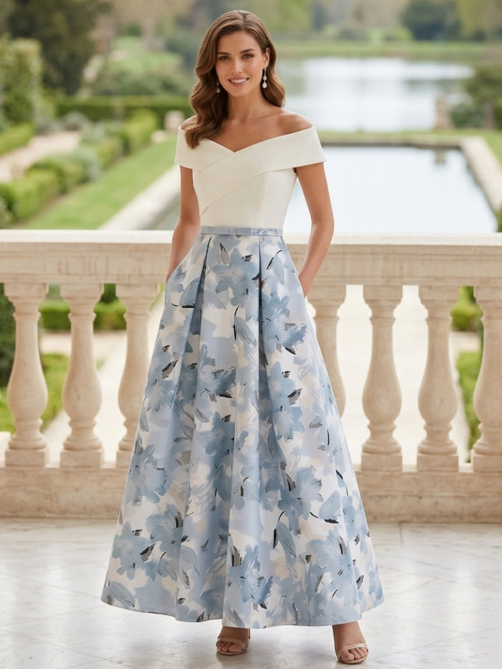 A-Line/Princess Off-the-Shoulder Printed Cocktail Dresses Sleeveless Floral Ankle-Length Formal Dresses
