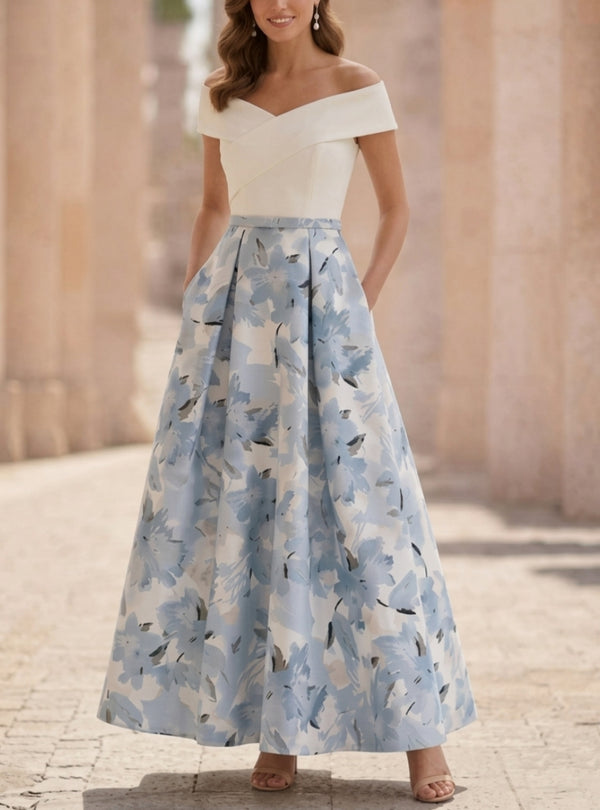 A-Line/Princess Off-the-Shoulder Printed Cocktail Dresses Sleeveless Floral Ankle-Length Formal Dresses
