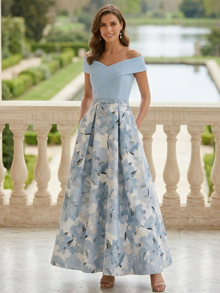 A-Line/Princess Off-the-Shoulder Printed Cocktail Dresses Sleeveless Floral Ankle-Length Formal Dresses