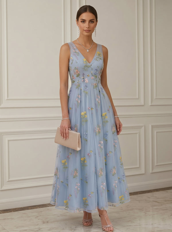 A-Line/Princess V-Neck Chiffon Cocktail Dresses Sleeveless Floral Ankle-Length Formal Dresses