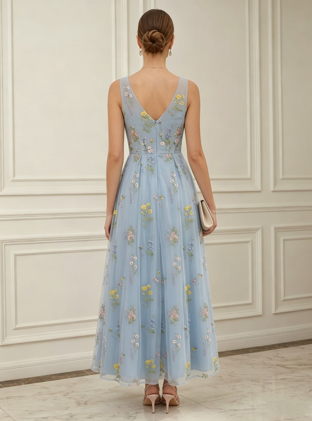 A-Line/Princess V-Neck Chiffon Cocktail Dresses Sleeveless Floral Ankle-Length Formal Dresses