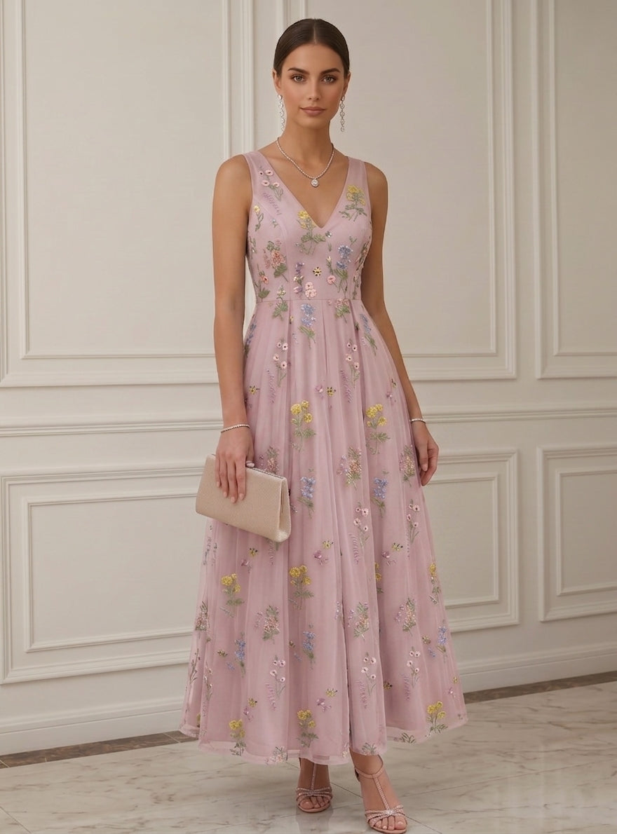 A-Line/Princess V-Neck Chiffon Cocktail Dresses Sleeveless Floral Ankl