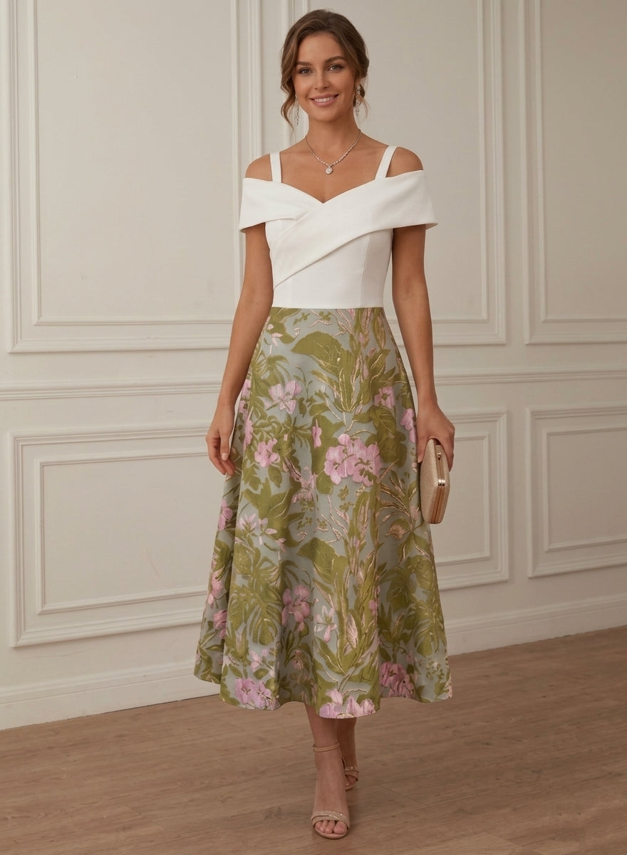 A-Line/Princess Off-the-Shoulder Cocktail Dresses Sleeveless Printed Floral Tea-Length Formal Dresses