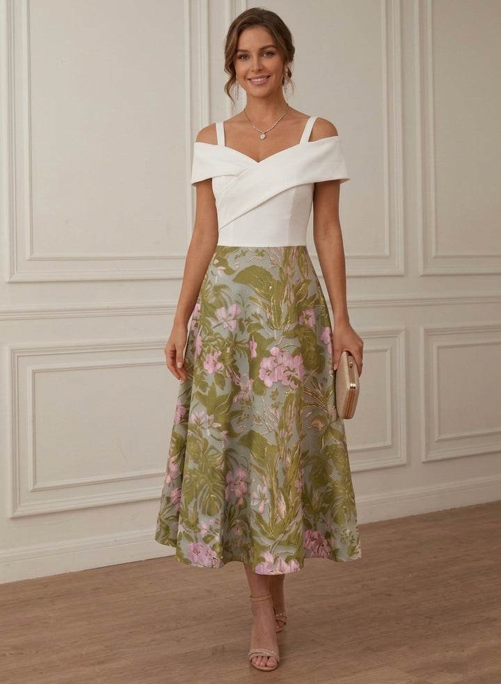 A-Line/Princess Off-the-Shoulder Cocktail Dresses Sleeveless Printed Floral Tea-Length Formal Dresses