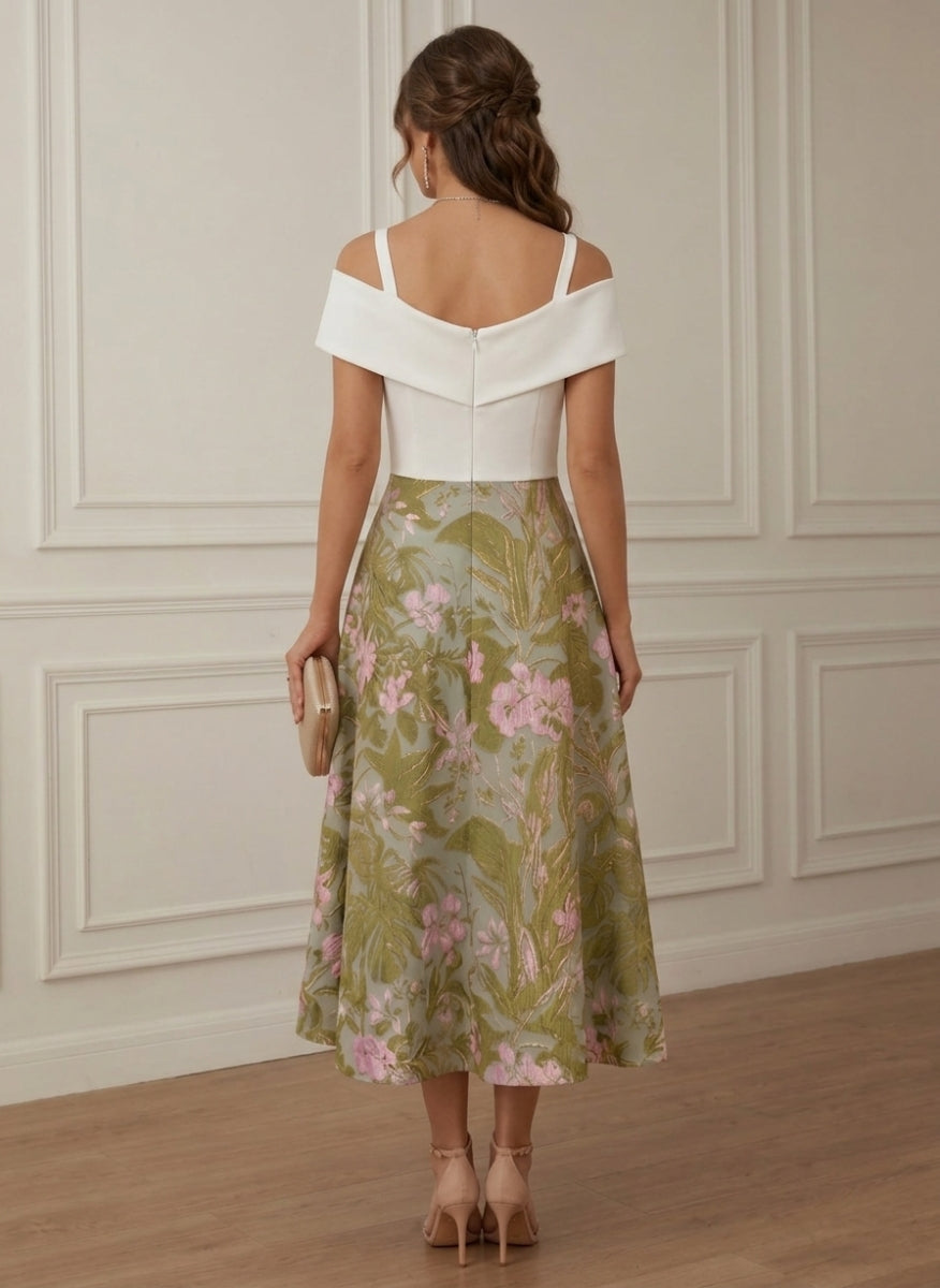 A-Line/Princess Off-the-Shoulder Cocktail Dresses Sleeveless Printed Floral Tea-Length Formal Dresses