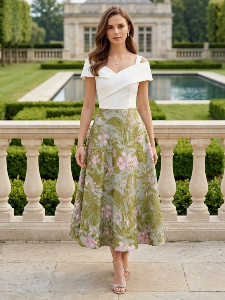 A-Line/Princess Off-the-Shoulder Cocktail Dresses Sleeveless Printed Floral Tea-Length Formal Dresses
