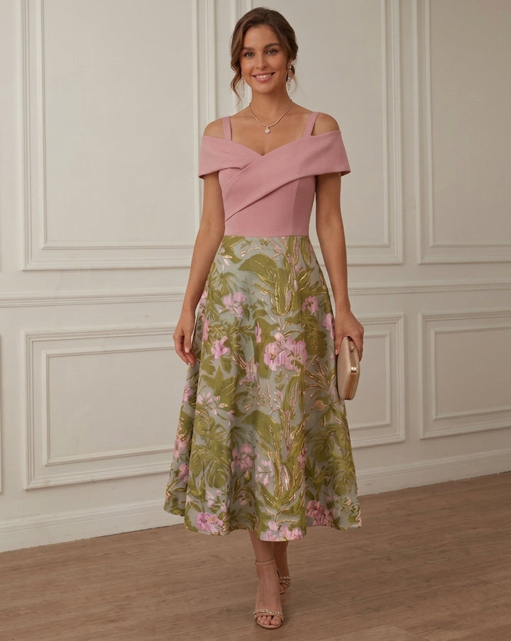 A-Line/Princess Off-the-Shoulder Cocktail Dresses Sleeveless Printed Floral Tea-Length Formal Dresses