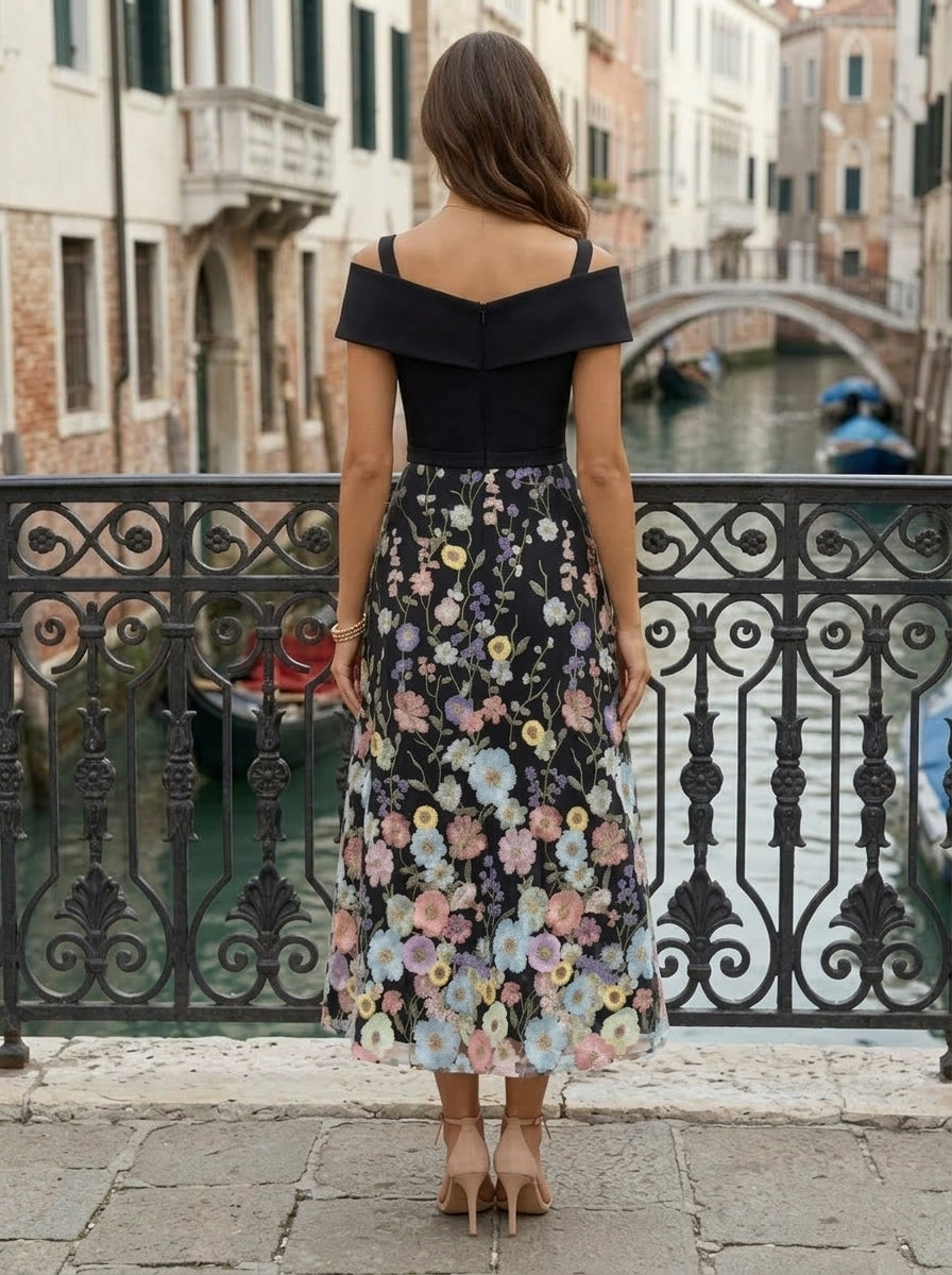 A-Line/Princess Off-the-Shoulder Stretch Satin Cocktail Dresses Sleeveless Tea-Length Floral Formal Dresses