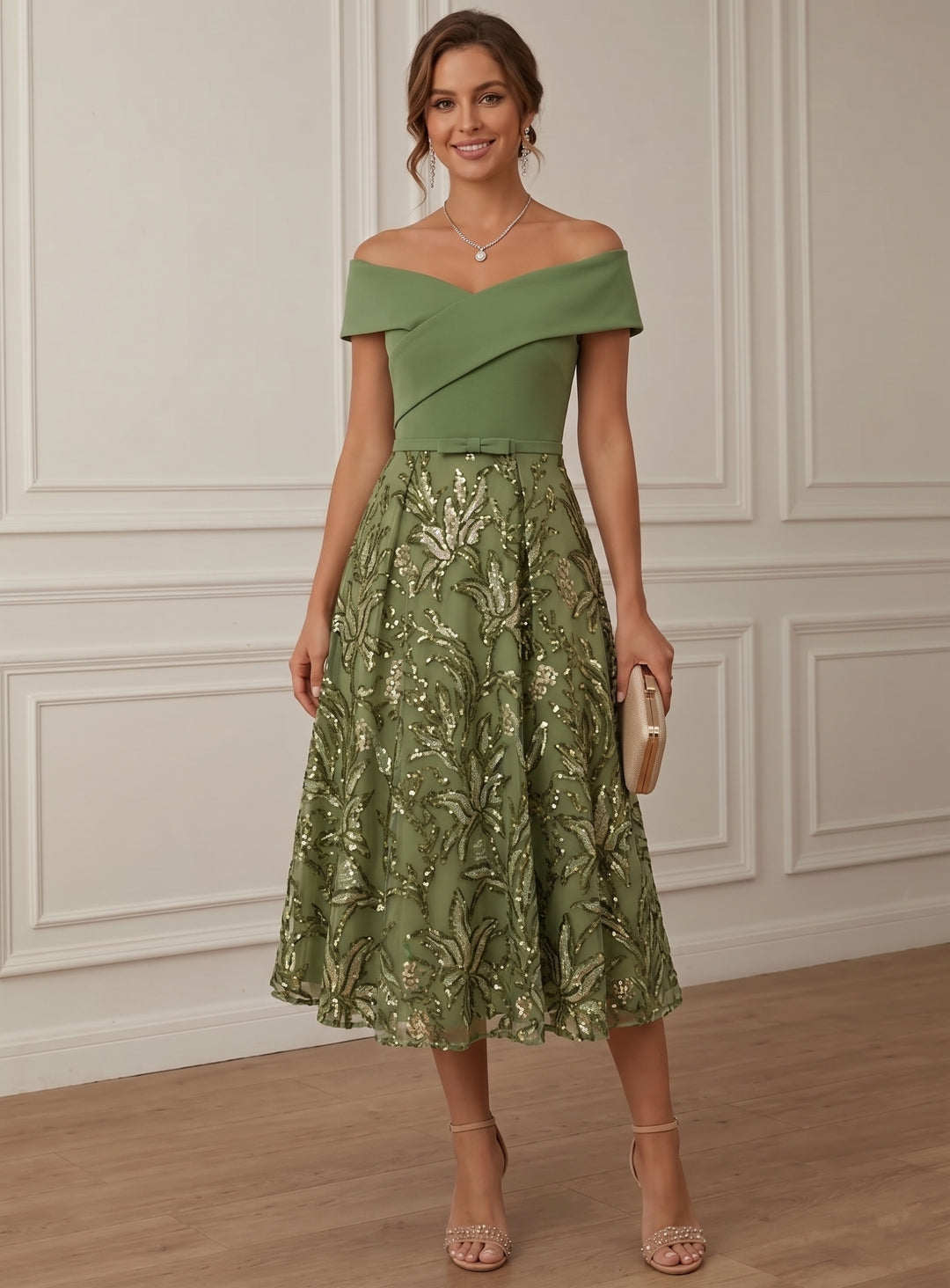 A-Line/Princess Off-the-Shoulder Stretch Satin Cocktail Dresses Sleeveless Sequins Floral Tea-Length Formal  Dresses