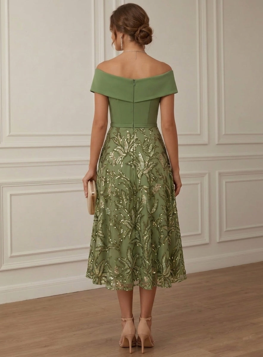 A-Line/Princess Off-the-Shoulder Stretch Satin Cocktail Dresses Sleeveless Sequins Floral Tea-Length Formal  Dresses