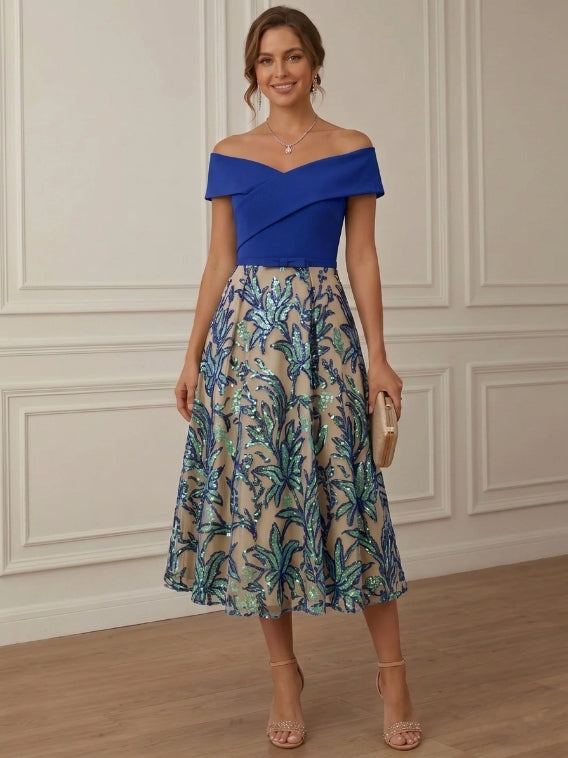 A-Line/Princess Off-the-Shoulder Stretch Satin Cocktail Dresses Sleeveless Sequins Floral Tea-Length Formal  Dresses