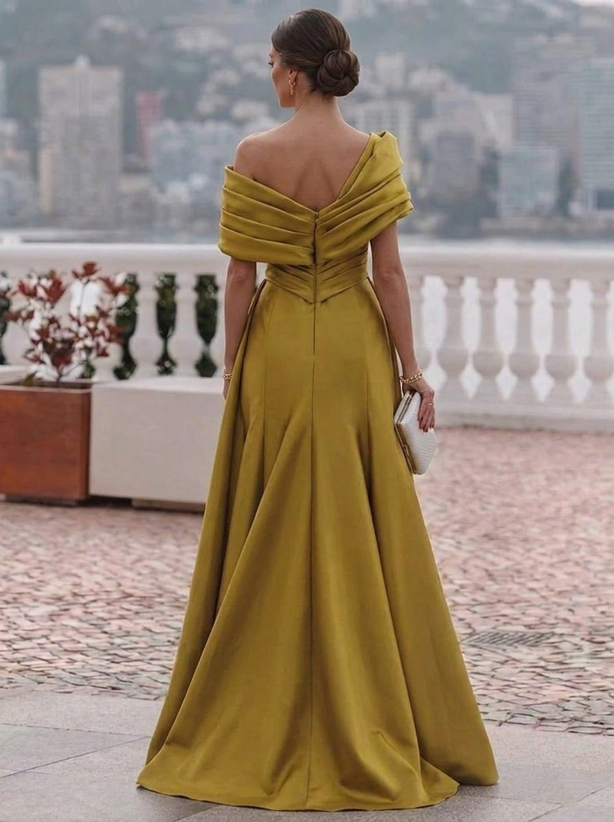 Sheath/Column Off-the-Shoulder Satin Evening Dresses Sleeveless Floor-Length Party Dresses with Split Side Overskirts