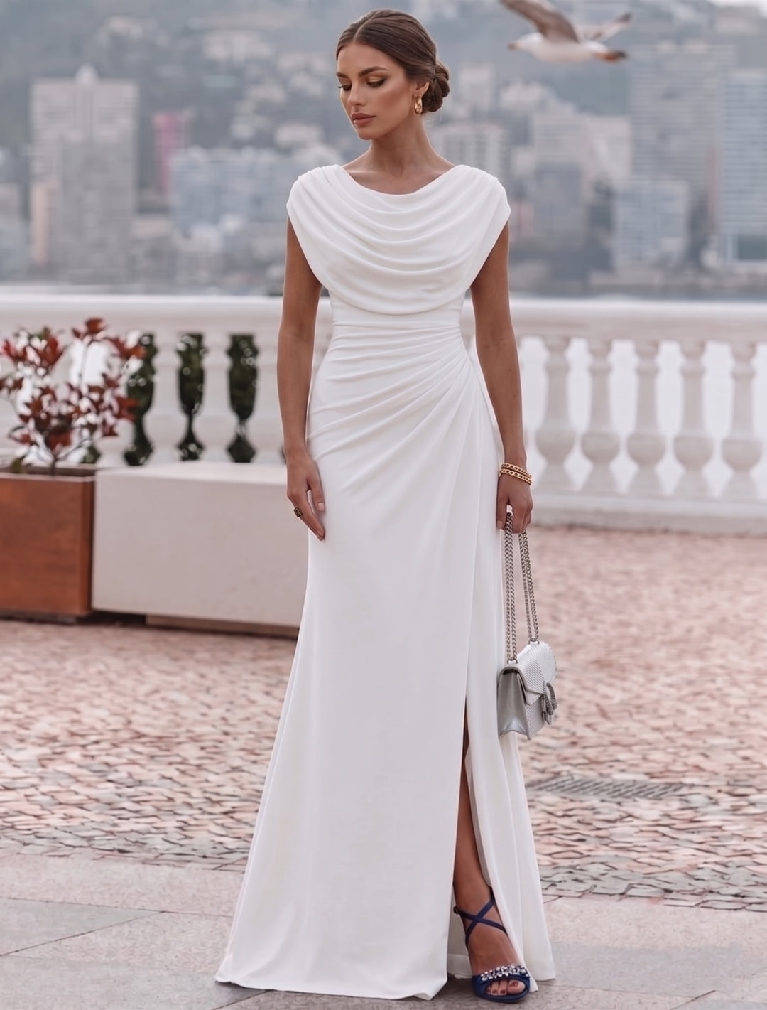 A-Line/Princess Cowl Neck Elastic Chiffon Evening Dresses with Split Side Floor-Length Sleeveless Ruched Party Dress Black