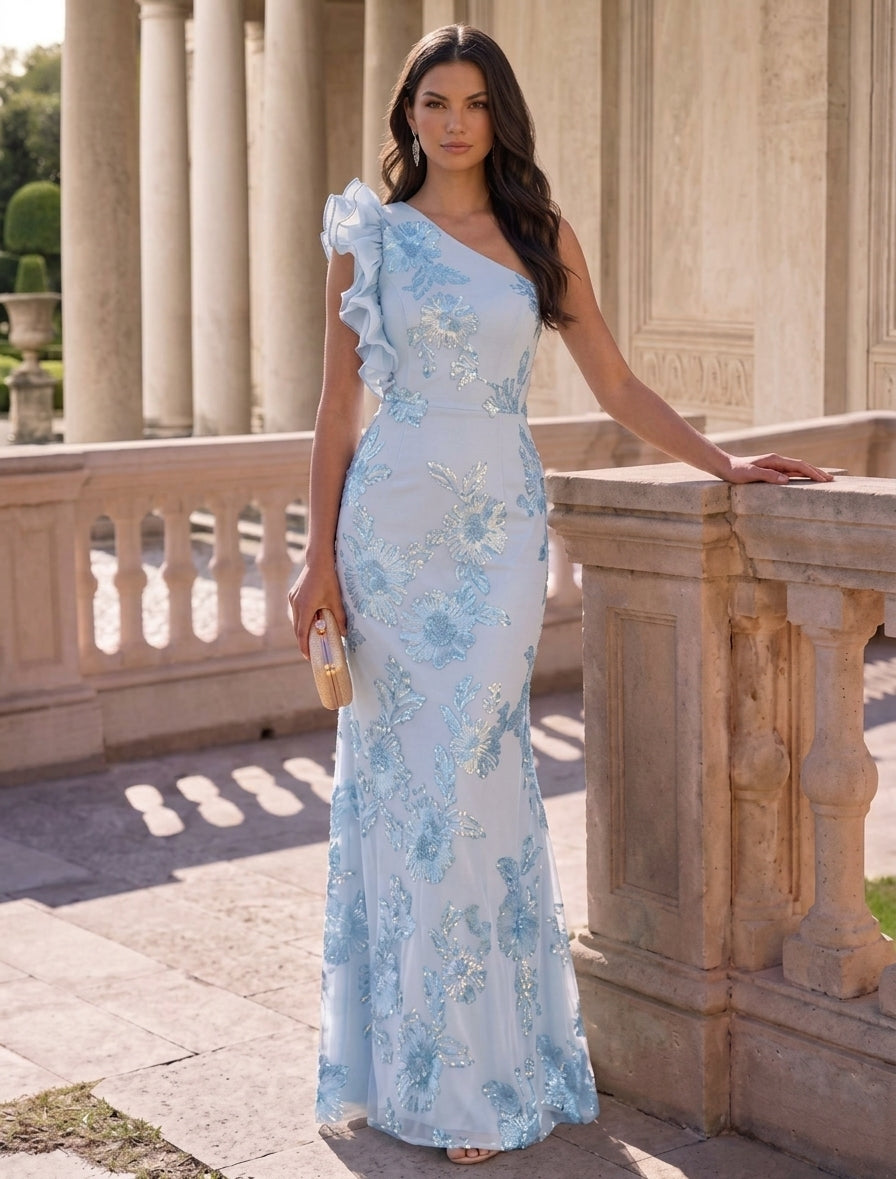 Sheath/Column One-Shoulder Lace Embroidery Evening Dresses Sleeveless Floral Floor-Length Party Dresses, Sky Blue