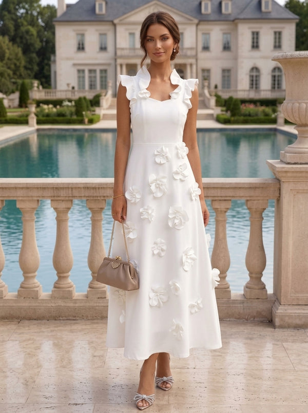 A-Line/Princess V-Neck Stretch Satin Cocktail Dresses with 3D Flowers Sleeveless Ruffles Tea-Length Formal Dresses Little White Dresses