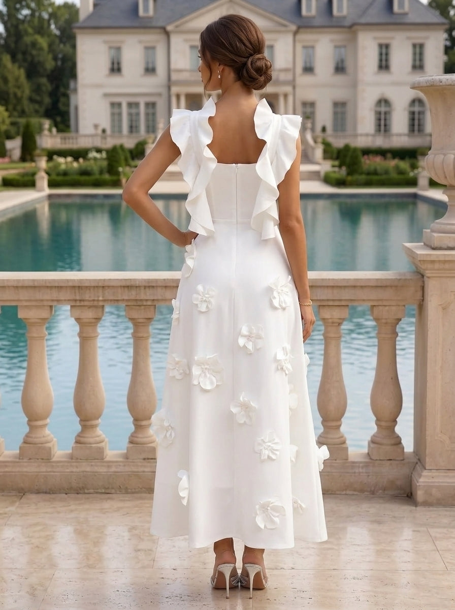 A-Line/Princess V-Neck Stretch Satin Cocktail Dresses with 3D Flowers Sleeveless Ruffles Tea-Length Formal Dresses Little White Dresses