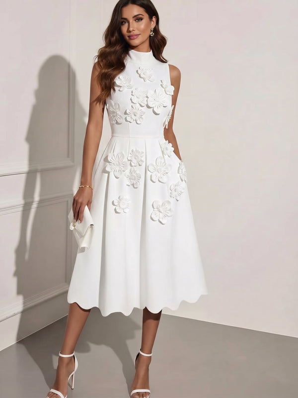 A-Line/Princess Mock Neck Stretch Satin Cocktail Dresses with 3D Flowers Sleeveless Tea-Length Formal Dresses Little White Dresses