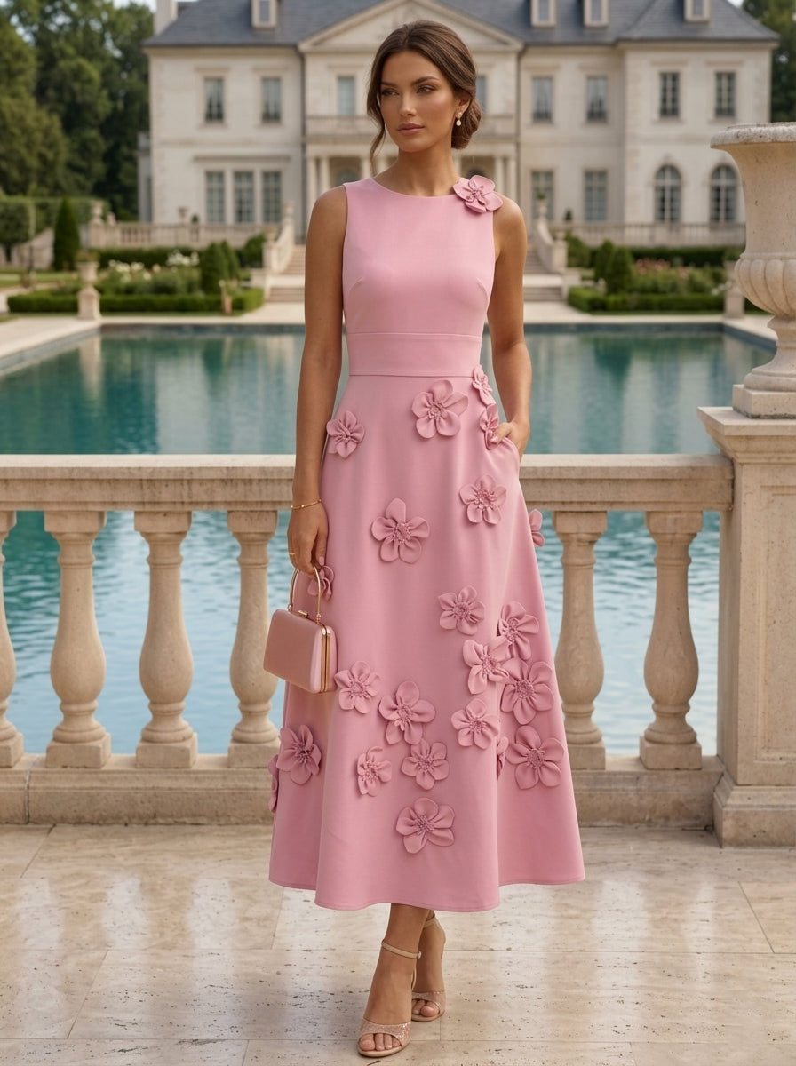A-Line/Princess Scoop Stretch Satin Cocktail Dresses with 3D Flowers Sleeveless Tea-Length Formal Dresses