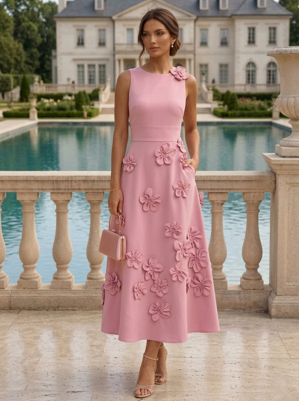 A-Line/Princess Scoop Stretch Satin Cocktail Dresses with 3D Flowers Sleeveless Tea-Length Formal Dresses
