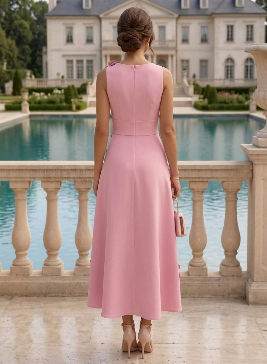 A-Line/Princess Scoop Stretch Satin Cocktail Dresses with 3D Flowers Sleeveless Tea-Length Formal Dresses