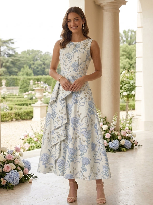 A-Line/Princess Scoop Jacquard Cocktail Dresses Sleeveless Floral Tea-Length Formal Dresses Ruffles