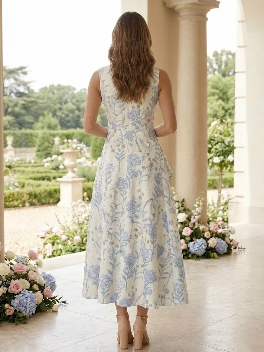 A-Line/Princess Scoop Jacquard Cocktail Dresses Sleeveless Floral Tea-Length Formal Dresses Ruffles