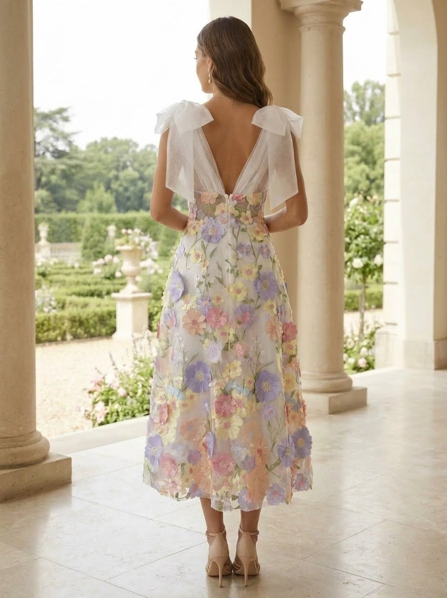 A-Line/Princess V-Neck Tulle Cocktail Dresses Sleeveless Floral Tea-Length Formal Dresses