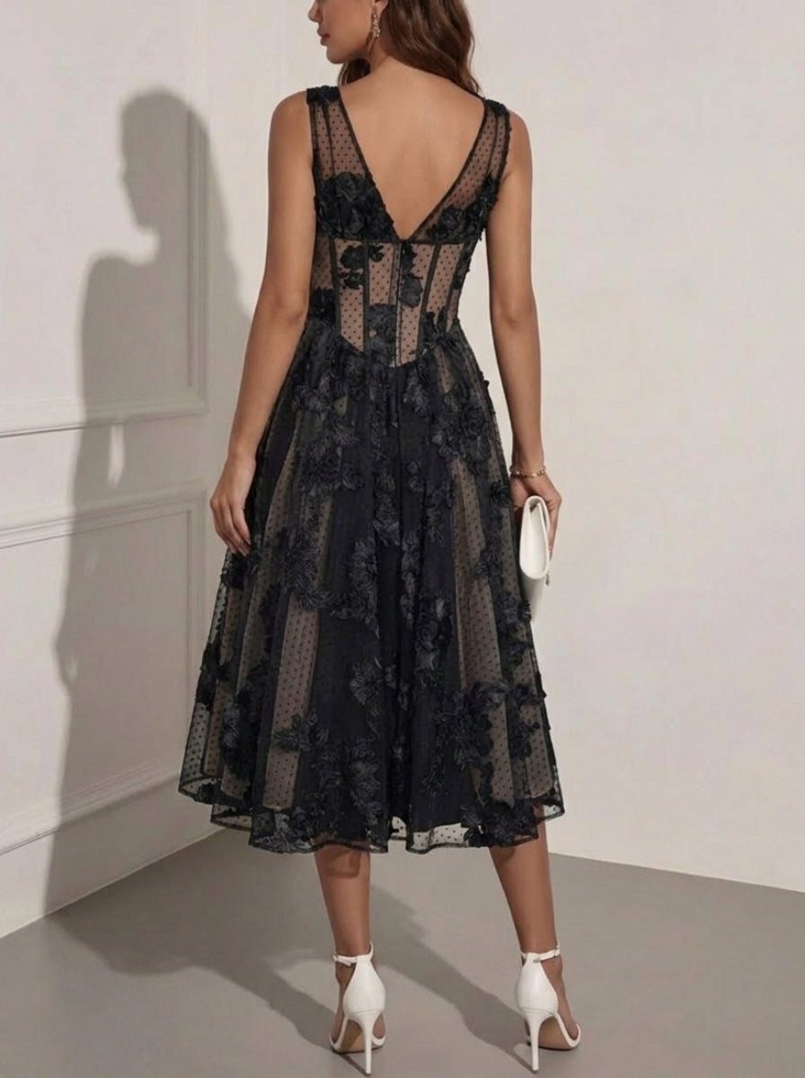 A-Line/Princess V-Neck Embroidery Cocktail Dresses Sleeveless Floral Tea-Length Formal Dresses