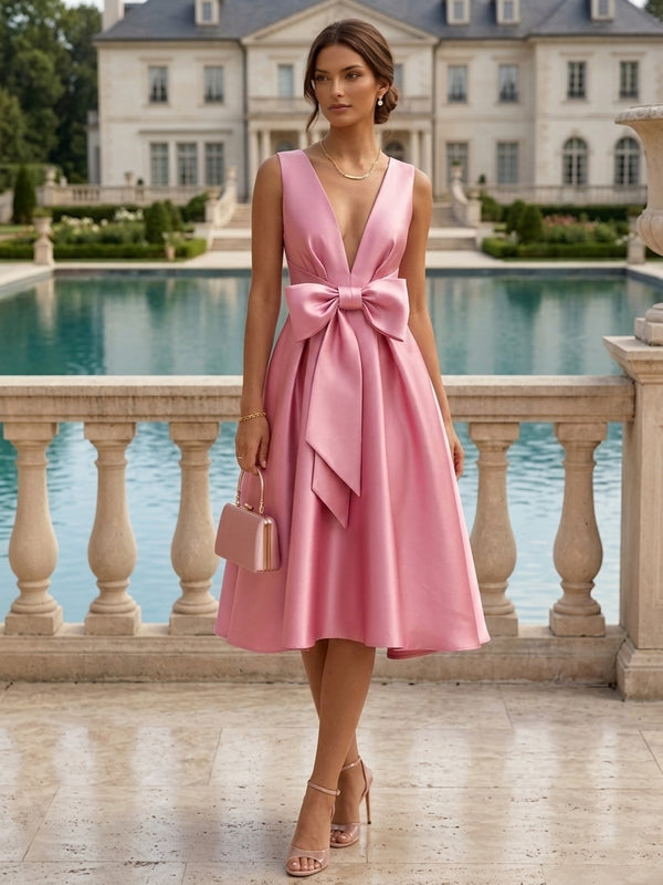 A-Line/Princess V-Neck Satin Cocktail Dresses with Bowknot Sleeveless Tea-Length Formal Dresses