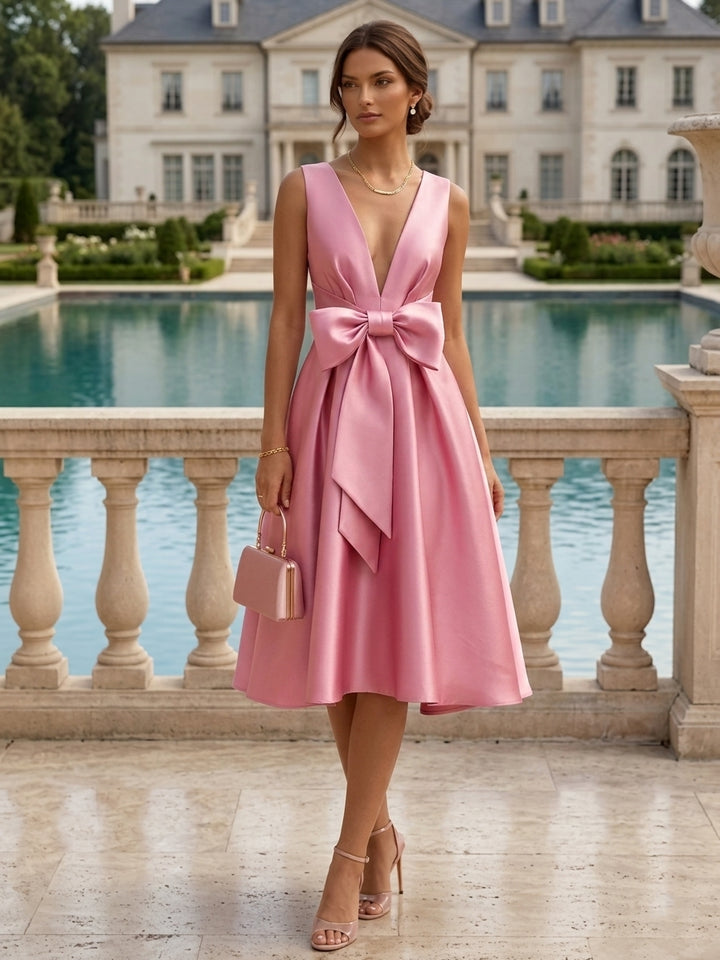 A-Line/Princess V-Neck Satin Cocktail Dresses with Bowknot Sleeveless Tea-Length Formal Dresses
